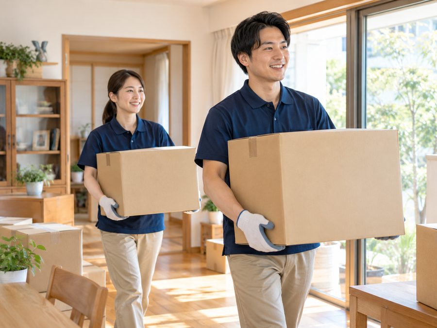 作業着のスタッフが荷物を運んでいる様子